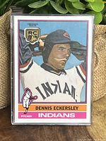 Front view of Dennis Eckersley rookie card showing clear image, rookie medallion logo, and Cleveland Indians uniform.