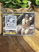 Front side of the baseball card showing Fernando Tatis Jr. with Lou Gehrig Day commemorative patch.