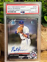 Front of the 2017 Bowman Draft Nate Pearson baseball card with autograph, encased in PSA graded slab showing PSA 10 Gem Mint grade.