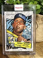 Front of the Topps Project 70 Mickey Mantle card featuring artwork by Tyson Beck with vintage style design and New York Yankees branding.