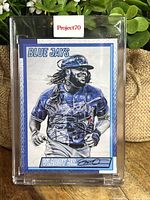 Front of the Topps Project 70 card showing artistic image of Vladimir Guerrero Jr. in Blue Jays uniform and signature.