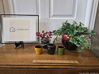 Frontal view showing four ceramic pots and two faux plants, one with red flowers and one ivy-like, all in various ceramic planters and pots