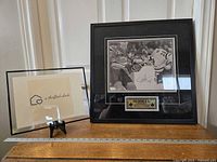 Photo showing framed signed image of Tie Domi fighting on ice, includes engraved plaque with player name and team.