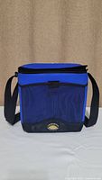 Front view of blue thermal cooler bag with black shoulder strap and zippered top.