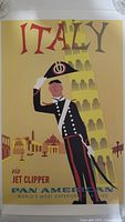 Full view of vintage style Italy travel tourism poster with carabinieri and Pisa tower illustration
