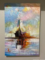 Full photo of the boat painting hung on a wall showing detailed brushwork and colorful, impressionistic style.