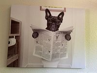Photo of a monochrome canvas print depicting a black French Bulldog wearing glasses and reading a newspaper in a bathroom, printed on high-quality cotton canvas.