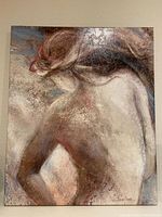 Full view of abstract woman painting on wall, showcasing size and detail of artwork