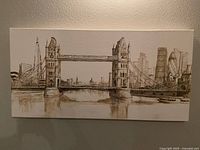 Canvas painting showing London Bridge and surrounding cityscape in muted brown and gray tones on a beige background.