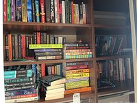 Shelf of assorted mystery and crime paperback and hardcover books showing authors like Ann Cleeves, Michael Connelly, Peter May, Peter James