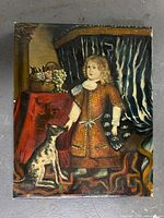 Full view of oil painting showing child in historical attire with dog, detailed background.