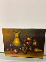 Full view of the still life painting showing the pitcher, glass, grapes and fruits.