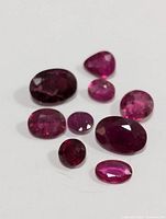 Nine loose rubies shown in various shapes and sizes with a mix of red to pinkish color.