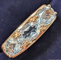 Close-up front view showing three faceted blue topaz stones set horizontally on a silver band