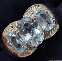 Close-up image of ring showing three faceted blue topaz stones and silver band with textured pattern.