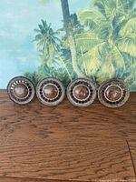 Four circular metal curtain hold back sconces arranged side by side on wooden surface with tropical background.