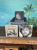 Vinyl LP records displayed in a large gray plastic tub with two visible album covers 'Tarkio' by Brewer & Shipley and a Head East album with a black and white cover of a man's face, tropical mural background.