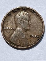 Obverse side of 1924 Lincoln Wheat Penny showing Lincoln's profile and year 1924.