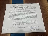 Full view of the appointment document showing the header 'Elizabeth the Second' and the text appointing John William Kelsall Stott an officer in the Canadian Army.