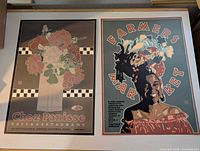 Two posters: floral vase Chez Panisse Café & Restaurant and Farmers Market portrait