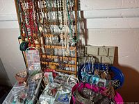 Wide view of bead display rack, compartment boxes and tabletop assortment