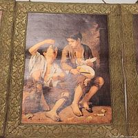 Print of two boys eating with green brocade border