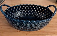 Blue glazed ceramic oval basket with lattice design and handles