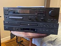 Front view of stacked Sony receiver and TEAC CD player
