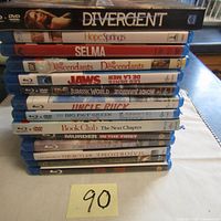 Stack of 14 Blu-ray and DVD movies including Divergent, Hope Springs, Selma, The Descendants, Jaws, Jurassic World, Uncle Buck, My Big Fat Greek Wedding 2, Book Club: The Next Chapter, Murder in the First, Ready Player One, The Butler, and others.