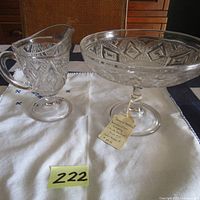 Clear glass cream pitcher and open comport set on a white embroidered cloth, showing decorative cut pattern on the glass.
