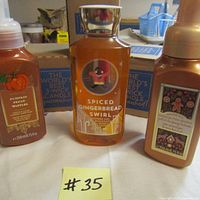 Photo showing Pumpkin Pecan Waffles foam soap, Spiced Gingerbread Swirl shower gel, Cookie Buttercream foam soap; revealing brand and some fragrances