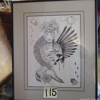 Full view of the framed pencil sketch artwork featuring a Native American figure with feathers and symbolic elements.