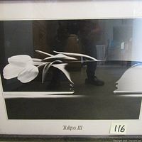 Front view of framed black and white photograph titled "Tulips III" showing horizontal tulips and bowl composition.