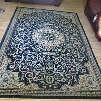Full view of the navy blue area rug with prominent medallion and floral patterning