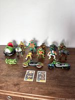 Full display of all TMNT figures, motorcycles, and collector cards laid out on table.