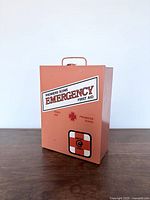 Front view of the box showing emergency first aid text and graphics