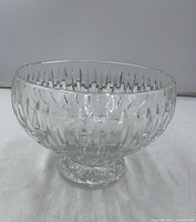 Front view of clear cut crystal pedestal bowl showing pattern and overall shape