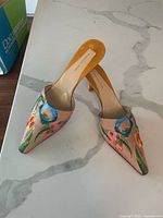 Pair of BCBG Maxazria women's mules on marble surface showing pointed toes and colorful hand-painted silk uppers with floral and jewel designs.