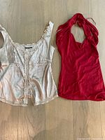 Photo showing two sleeveless tops laid flat on wood floor: beige silk Ellie Tahari top with lace and embroidery details, and red halter top with cross straps.