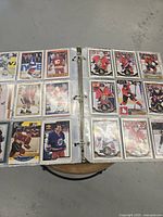 View of binder pages displaying multiple Upper Deck Series One hockey cards, all in protective plastic sleeves, showing various NHL players in action and uniform color variations.