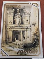 Photo of lithograph depicting the facade of Petra with 'Petra Jordan' text and decorative border