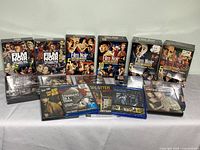 Back row—six boxed sets: two volumes of “The Dark Side of Cinema,” two Classic Collection volumes, and two other Noir collections