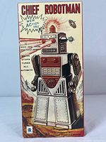 Photo of original box of Chief Robotman showing graphic illustration and text describing toy features.