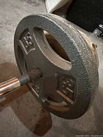 Close-up of a 35 lb cast iron weight plate on the barbell with textured surface and hand grips