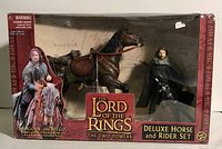 Front view of unopened Lord of the Rings Aragorn and Brego Deluxe Horse and Rider Set in original packaging showing figure and horse.