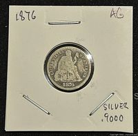 Obverse side of the 1876 Seated Liberty One Dime showing date and Seated Liberty figure.