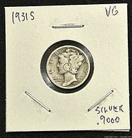 Obverse side of the 1931S US Mercury dime showing Liberty with winged cap and inscriptions indicating 1931, LIBERTY, and IN GOD WE TRUST. Coin is secured in a labeled holder.