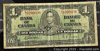 Front view of 1937 Canadian 1 dollar banknote with King George VI portrait and serial number W6200056.