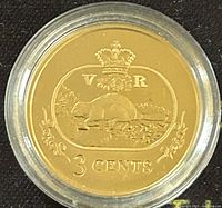 Reverse side of the coin showing the beaver design with '3 CENTS' denomination and crown with initials 'V R'.