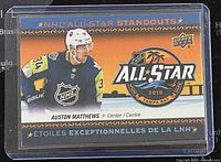 Front of 2018 NHL All-Star Standouts Auston Matthews trading card by Upper Deck and Tim Hortons, showing player image, logos and card number AS-4